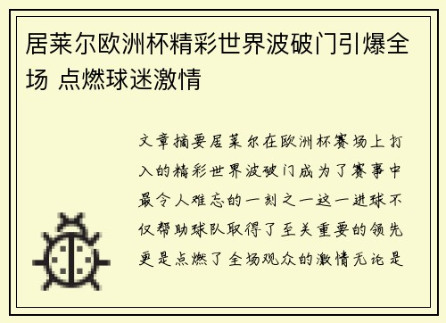 居莱尔欧洲杯精彩世界波破门引爆全场 点燃球迷激情